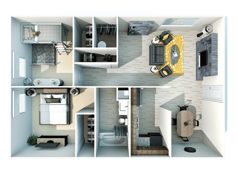 Floor plan for 2 beds, 1 bath, 785 sqft